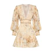 Bloemen Mini Jurk met Ruches Camilla , Beige , Dames