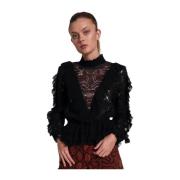 Zwarte kanten blouse met ruches One Teaspoon , Black , Dames