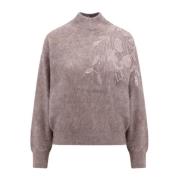 Beige T-Neck Sweater met Ramage Borduurwerk Brunello Cucinelli , Beige...