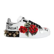 Witte Bloemen Leren Lage Sneakers Dolce & Gabbana , White , Dames