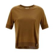 Glam Gebreid Effect Katoenen T-shirt Herno , Brown , Dames