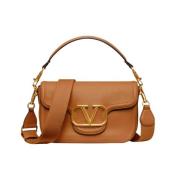 Alltime leren schoudertas met VLogo Valentino Garavani , Beige , Dames