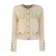 Geknipte Viscose Trui met Gouden Knopen Elisabetta Franchi , Beige , D...