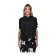 Wijde blouse met guru kraag en pofmouw MeiMeiJ , Black , Dames