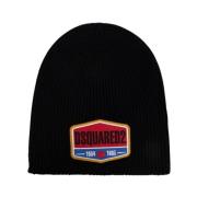 Zwarte Katoenen Beanie - Tag Patch Dsquared2 , Black , Heren