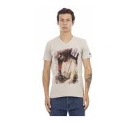 Casual V-hals T-shirt met Frontprint Trussardi , Beige , Heren