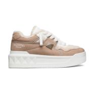 Beige Suède Logo Print Sneakers Valentino , Beige , Dames