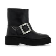 Leren Enkellaarzen met Metalen Gesp Roger Vivier , Black , Dames