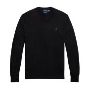 Slim-Fit Wasbare Wollen V-Hals Trui Polo Ralph Lauren , Black , Heren