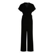 Elegante V-hals Jumpsuit met Ruches Cartoon , Black , Dames