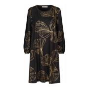 Elegante Zwarte Jurk met Gouden Print Masai , Yellow , Dames