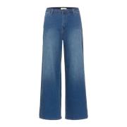 Wijde Pijp Hoge Taille Blauwe Denim Broek Cream , Blue , Dames