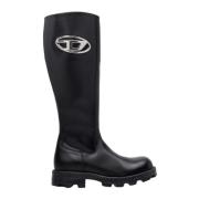 Glanzende leren laarzen met logoplaquette Diesel , Black , Dames