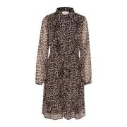 Luipaardprint Jurk met Overhemdkraag Cream , Beige , Dames