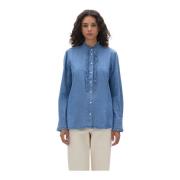 Blouse met geplooide mandarijnkraag Aspesi , Blue , Dames