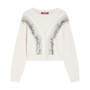 Witte Wol Cropped Sweater met Spiegelborduurwerk Max Mara Studio , Whi...