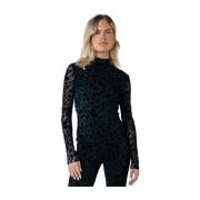 Leopard Flock Mesh Turtleneck Top Colourful Rebel , Black , Dames