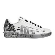 Wit Zilver Leren Sneakers Logo Details Dolce & Gabbana , White , Heren