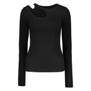 Geribbelde Cut-out Jersey Top LOW Classic , Black , Dames