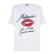 Geborduurd T-shirt met 'Love Letter' en lippen Balmain , White , Heren