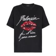 T-shirt met kus borduurwerk en korte mouwen Balmain , Black , Dames