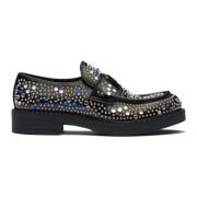 Zwarte Rhinestone Leren Loafers Prada , Black , Heren