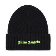 Zwarte Geborduurd Logo Gebreide Muts Palm Angels , Black , Heren