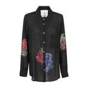 Zwarte shirt met paillettenzak en rozen 5Progress , Black , Dames