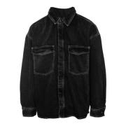 Denim Shirt Oversized Fit Metalen Knopen American Vintage , Black , He...