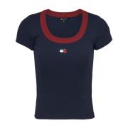 Stretch Katoenen T-shirt - Blauw Patched Logo Tommy Jeans , Blue , Dam...