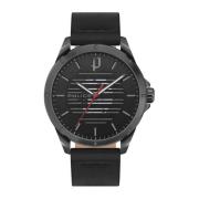 Zwarte leren kwarts analoog horloge Police , Black , Heren