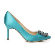 Turquoise Kristal Gesp Satijnen Pumps Manolo Blahnik , Blue , Dames