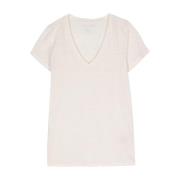 Beige Linnen Blend V-hals T-shirt Majestic Filatures , Beige , Dames