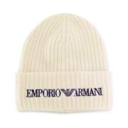 Witte Wol Herenpet met Blauw Logo Emporio Armani , White , Heren