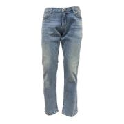 Denim Slim Fit Jeans met Leren Logo Emporio Armani , Blue , Heren