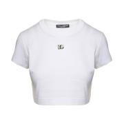 Luxe witte crop t-shirt met metalen logo Dolce & Gabbana , White , Dam...