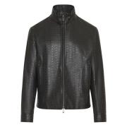 Klassieke Leren Jas met Ritssluiting Emporio Armani , Black , Heren