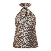 Leopard Print Satin Halter Top Ganni , Brown , Dames