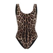 Luipaardprint Badpak met DG Logo Dolce & Gabbana , Brown , Dames