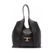 Zwarte leren winkeltas met T-hanger Tod's , Black , Dames