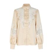 Elegante Satijnen Blouse met Kantdetails Cras , Beige , Dames