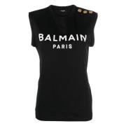 Zwarte Casual T-shirt met Decoratieve Knopen Balmain , Black , Dames