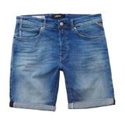 Tapered Fit Jeansshorts met Button-Fly Replay , Blue , Heren