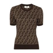 Gebreid FF Motief Crew Neck Shirt Fendi , Brown , Dames