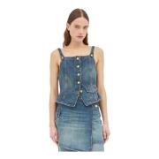 Vierkante Hals Denim Top Ganni , Blue , Dames