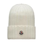 Witte Geribbelde Gebreide Logo Patch Hoed Moncler , White , Dames