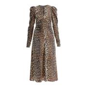 Midi Jurk met Dierenprint en Pofmouwen Ganni , Brown , Dames