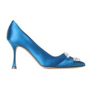 Blauwe Satijnen Pumps met Puntige Neus Manolo Blahnik , Blue , Dames