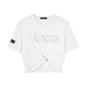 Katoenen Logo Versierde Strass Top Versace , White , Dames