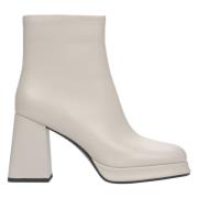 Beige Platform Leren Enkellaarzen voor Dames met een Stabiele Hak Estr...